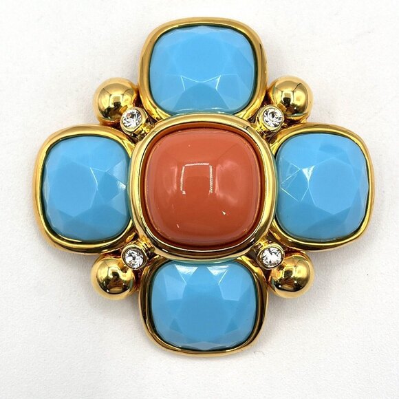 JOAN RIVERS Maltese Brooch Faux Turquoise & Coral Cabochon Brooch 2.25" - Picture 1 of 9